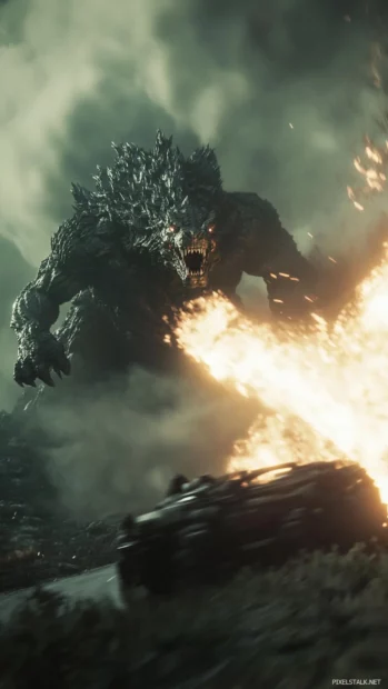 Exploding engines flicker below Godzillas tail sweep.