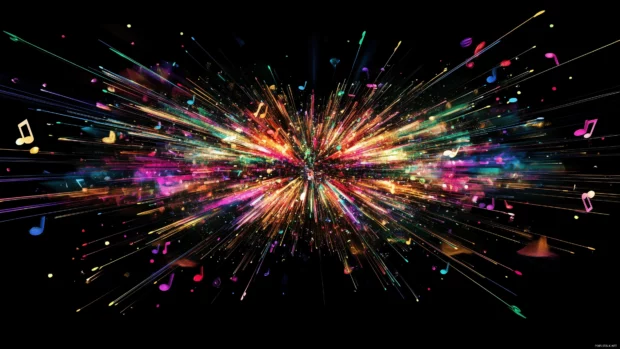 Exploding music notes in multicolors from center create dynamic rhythm and motion.