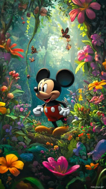 Exploring a whimsical garden, Mickey Mouse marvels at the bright flowers and curious creatures.