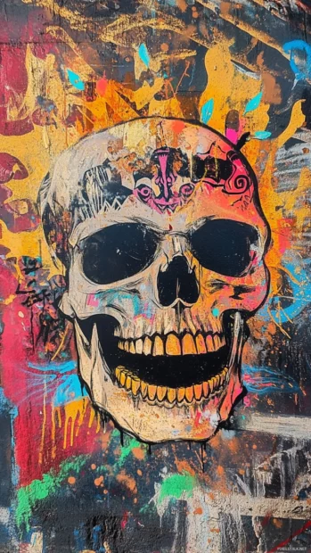 Explosive graffiti scene with tribal skull and gold fire textures.