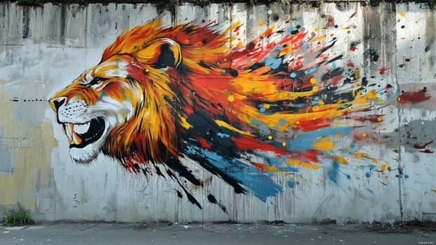 Explosive paint drips form a powerful lion in these graffiti 4K wallpapers.