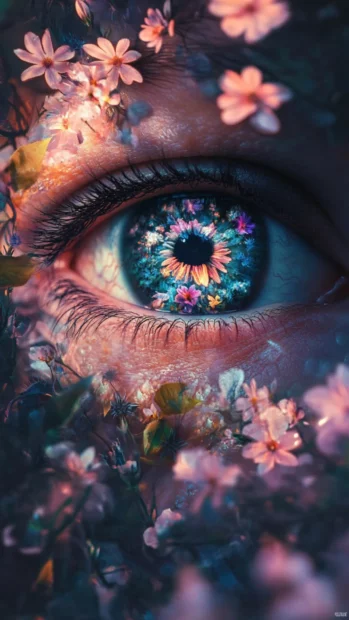 Eyes blooming in floral fractals across a trippy ethereal dimension.