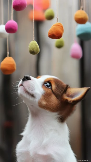 Eyes wide with wonder, the cute puppy looks up at hanging mobiles.