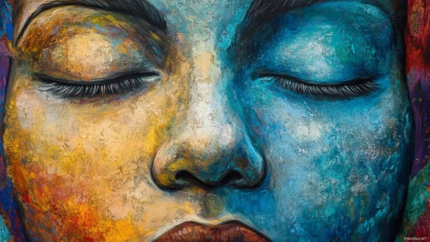 Face with closed eyes painted from peace quotes.