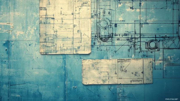 Faded blueprint imagery under hand tagged lettering.