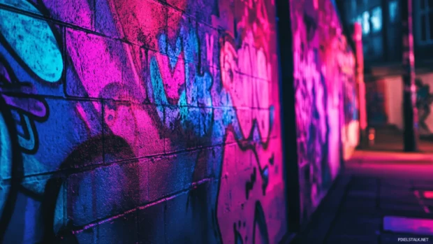 Faded neon colors create a serene mood in aesthetic graffiti wallpaper for desktop.