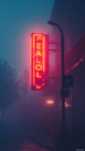 Faded neon hotel sign barely glowing through fog featured in Faded neon lights wallpaper.