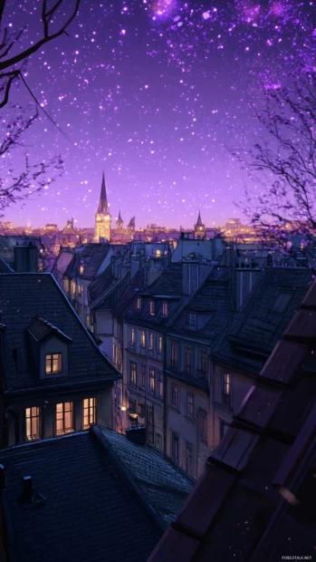 Faded rooftops blinking with quiet purple stars.