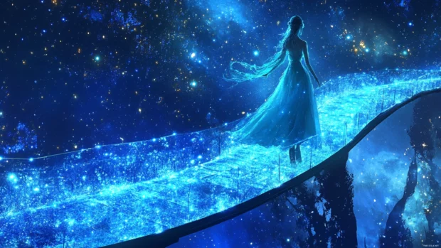 Faerie queen walking along a glass bridge over stars.