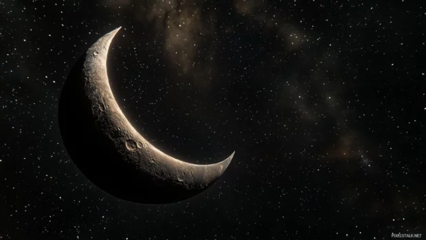 Faint clouds surround a large crescent moon glowing softly in an expansive dark sky illuminated by thousands of twinkling stars.