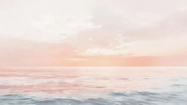 Faint coral skies over calm seas in light Aesthetic Watercolor touch, Clean and Elegant style.