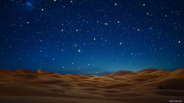 Faint glow from a crescent moon enhances a serene night sky filled with bright stars and subtle shooting stars streaking across the horizon.