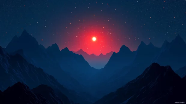 Faint glows from a red star melting into misty valleys, awakening the glow of fiery red cosmic star illustration.