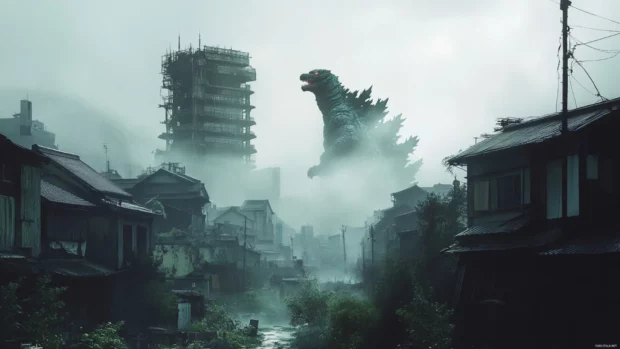 Faint light reveals Shin Godzilla behind foggy ruins.