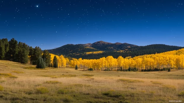 Faint stars emerging over golden autumn forests.
