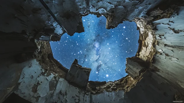 Faint stars visible through a broken dome ceiling.