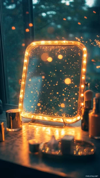 Fairy light reflections dancing across a makeup mirror.