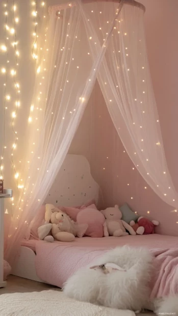 Fairy lights twinkling in a Pink Girly bedroom corner.