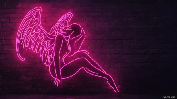 Fallen angel outlined in glowing dark neon.