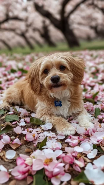 Fallen petals surround the resting puppy in an orchard.