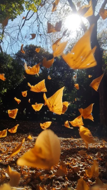Falling autumn leaves twirling gracefully in the breeze.