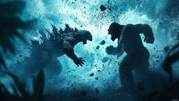 Falling debris surrounds Godzilla and Kong in mid battle stance.