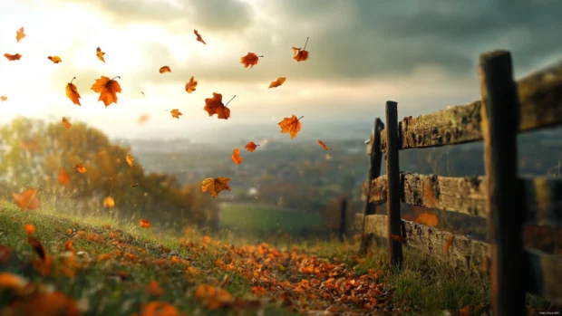 Falling leaves drifting past a wooden fence on a hilltop.