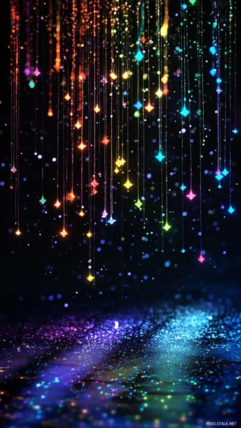 Falling star shower with vibrant neon tails.