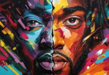 Famous rapper face split into colorful graffiti shards in HD street art graffiti wallpapers.