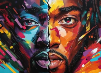 Famous rapper face split into colorful graffiti shards in HD street art graffiti wallpapers.