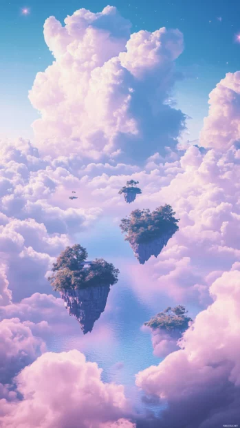 Fantasy Moving iPhone Wallpapers with floating islands drifting among pastel clouds.