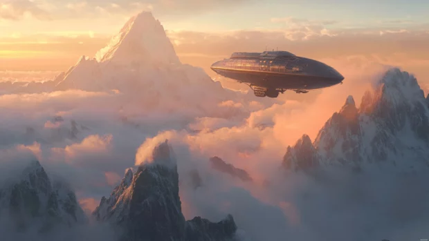 Fantasy airship flying over cloudy peaks.