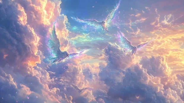 Fantasy anime creatures flying across a sky of rainbow clouds.