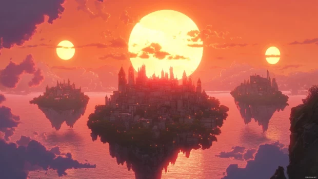 Fantasy anime kingdoms rising among floating islands under glowing suns.