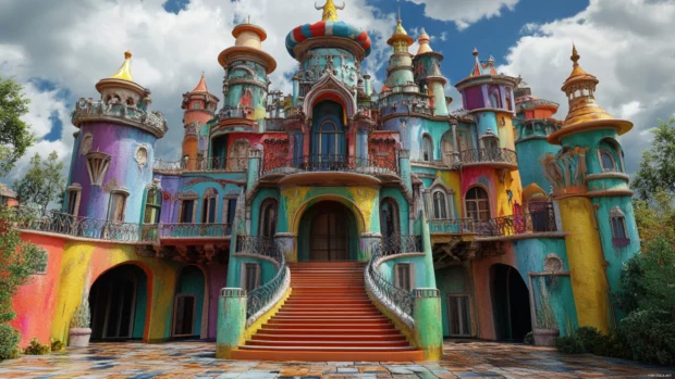 Fantasy castle infused with bold colors and inspired by PC wallpapers ultra sharp.