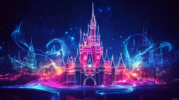 Fantasy castle outlined with flowing neon borders.