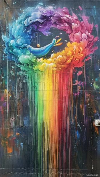Fantasy creature bursting through wall of rainbow in art graffiti wallpaper.