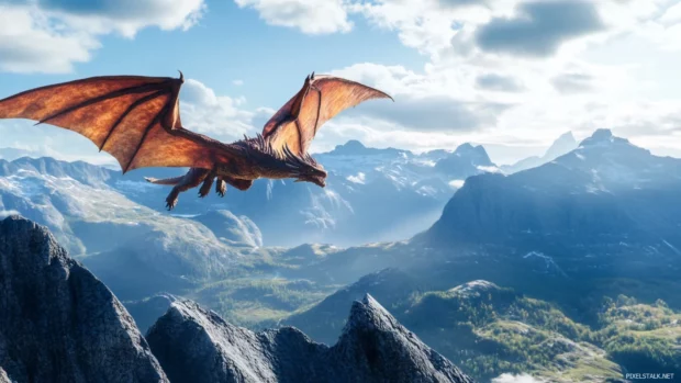 Fantasy dragon flying over mountains, 1920x1080 PC wallpaper fantasy landscape.