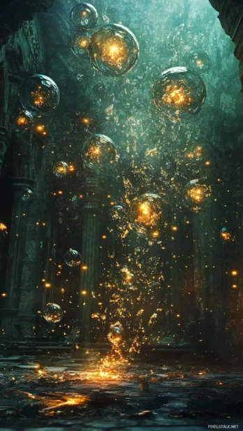 Fantasy moving wallpaper with magic dust swirling around glowing orbs.