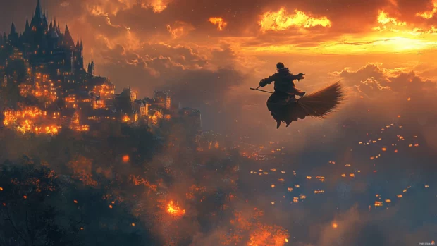 Fantasy scene with Harry Potter flying on a broomstick, inspired by 4K Harry Potter scenes.