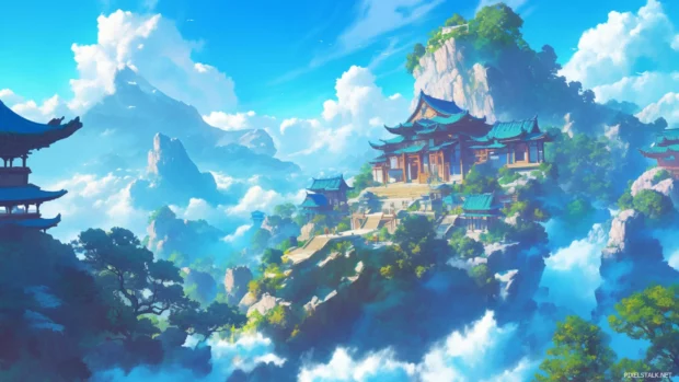 Fantasy style cartoon wallpaper HD for desktop computer with mountain temples and warriors.