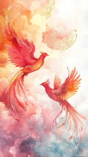 Fantasy watercolor bird art depicting mythical phoenix birds rising through clouds.