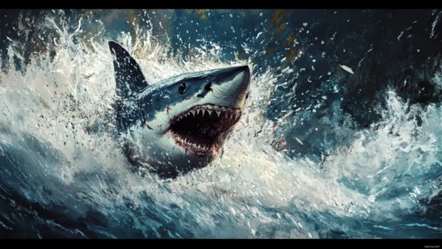 Fast moving shark breaking through whitewater and spray.