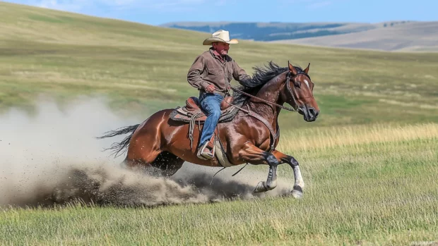 Fast riding cowboy, dusty trail, coat caught by wind in open field.