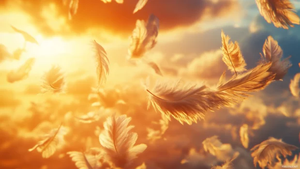 Feathers floating softly through a sunlit sky.