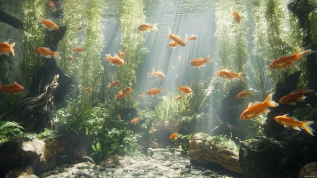 Featuring a school of goldfish swimming among rocks, driftwood, and tall aquatic plants, a large fish tank scene has sunlight filtering through the water.