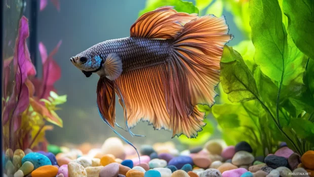 Featuring betta fish, leafy plants, and colorful pebbles, an elegant fish tank setup has soft lighting that highlights the intricate designs of both the fish and the plants.