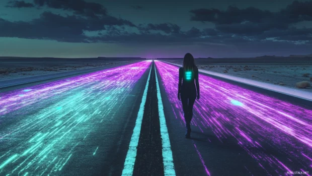 Female android walking across a deserted freeway illuminated only by purple and teal holograms.
