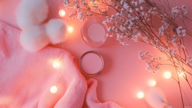 Feminine aesthetic wallpapers combining makeup flatlays and cozy pastel lighting.