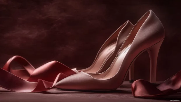 Feminine high heels resting beside a velvet ribbon.